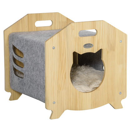 PawHut Casa para Gatos de Madeira e Feltro Casa para Animais de Estimação com Almofada Suave lavável Orifício de Entrada e 2 Alças para Interior 40x39x40cm Madeira e Cinza