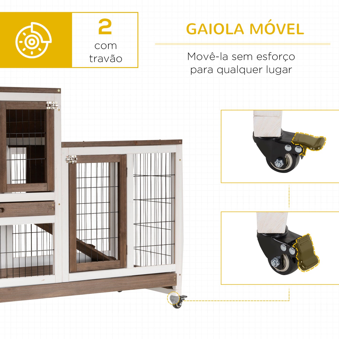 PawHut Coelheira de Madeira Interior com Rodas Gaiola para Coelhos Animais Pequenos de 2 Pisos com Área Aberta Rampa e 2 Bandejas Removíveis 110x50x86cm Marrom