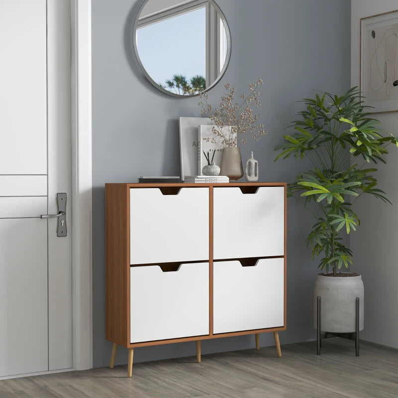 Sapateira Sidney - Cor Castanho e Branco - Com 4 Portas - 95x26x95 cm  - Melamina de madeira e Madeira de Pinho - Design Moderno