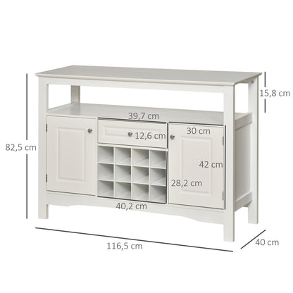 HOMCOM Aparador de Cozinha Aparador de Sala de Jantar com 1 Gaveta 1 Prateleira Aberta 2 Portas e Suporte para 12 Garrafas 116,5x40x82,5 cm Branco