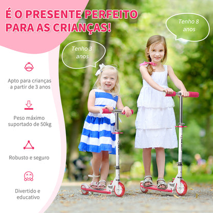 HOMCOM Trotinete para Crianças acima de 3 Anos Dobrável Trotinete Scooter com 2 Rodas LED Guiador com Altura Ajustável e Freio Posterior Carga 50kg 61x32,3x67-77cm Rosa e Branco