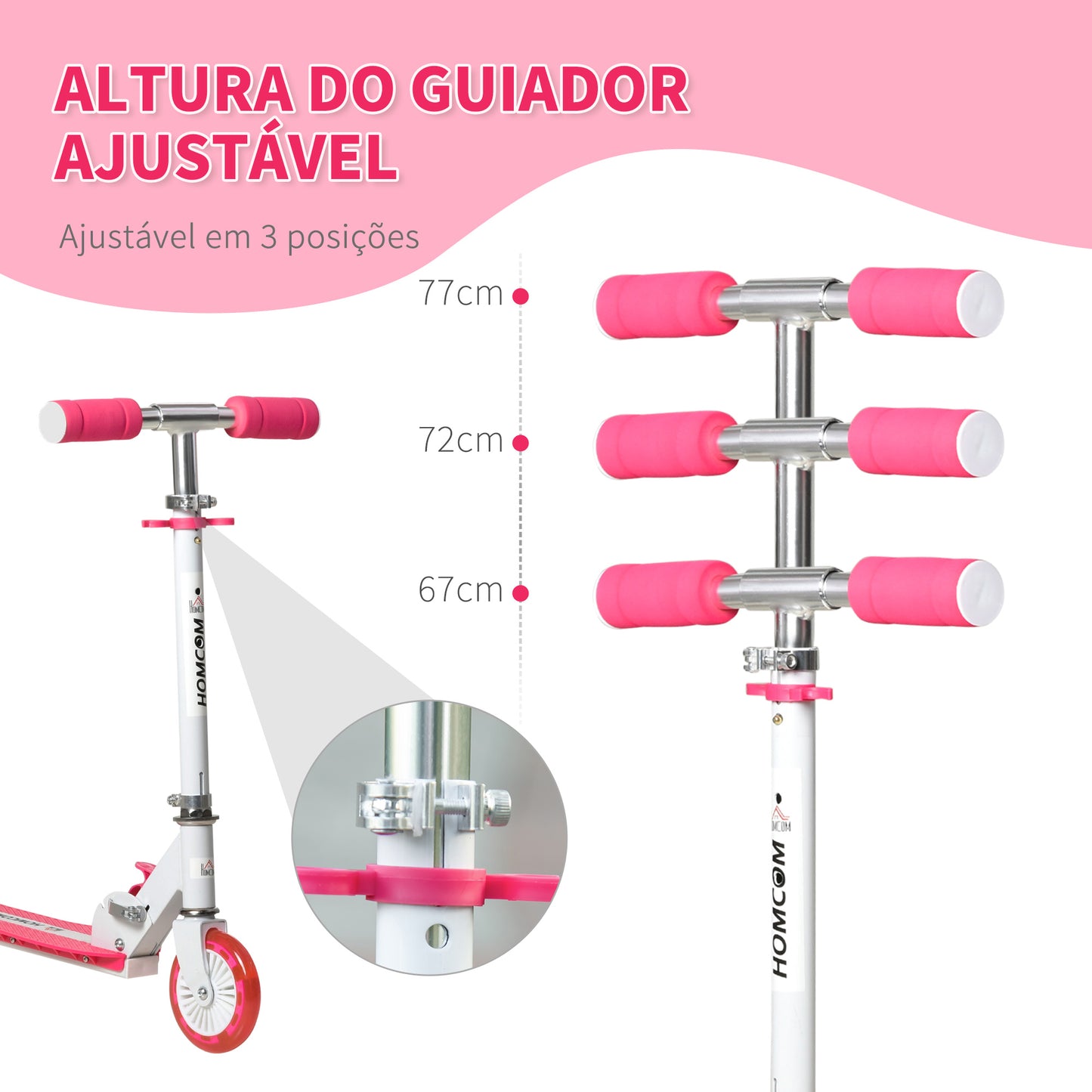 HOMCOM Trotinete para Crianças acima de 3 Anos Dobrável Trotinete Scooter com 2 Rodas LED Guiador com Altura Ajustável e Freio Posterior Carga 50kg 61x32,3x67-77cm Rosa e Branco