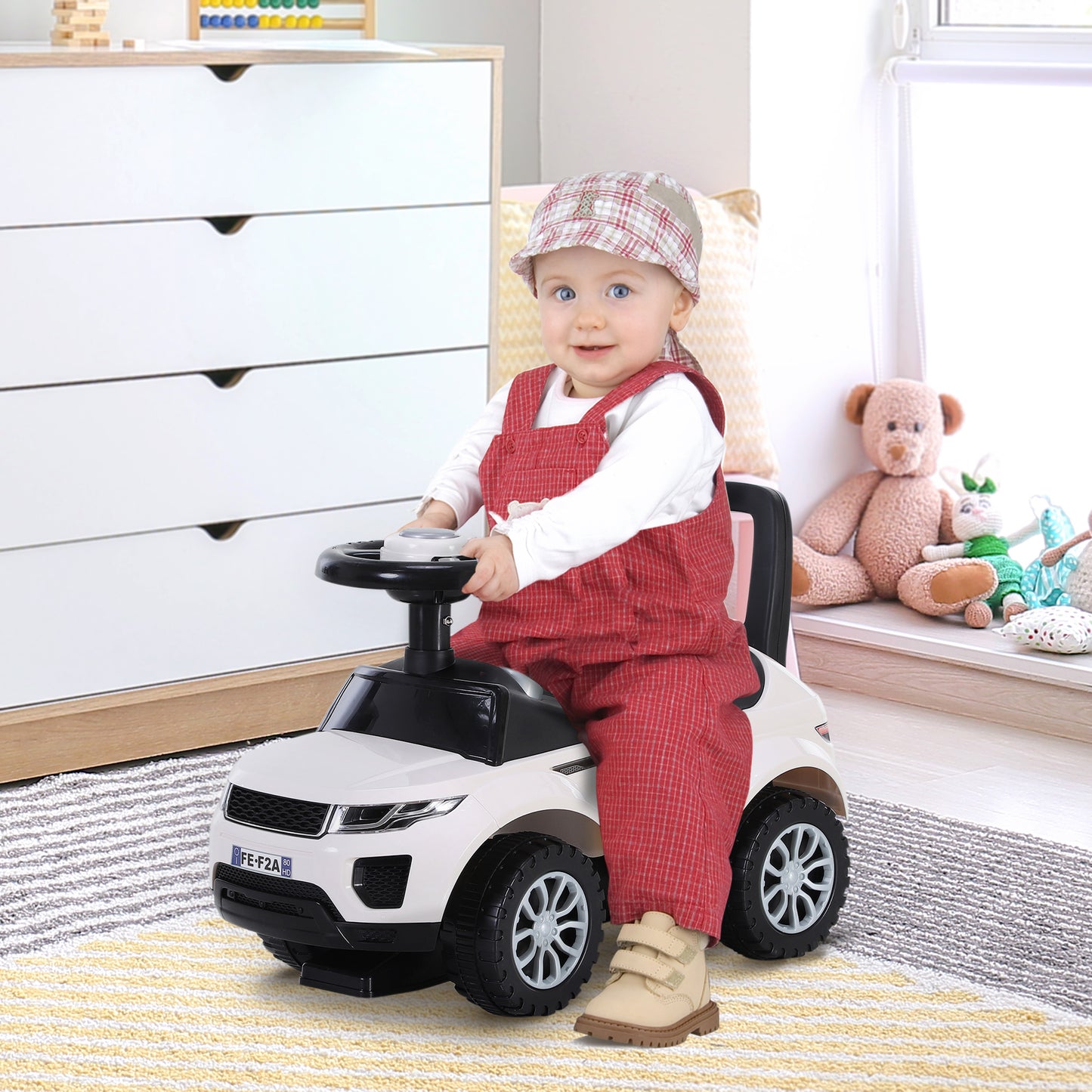 HOMCOM Quad andarilhos Carro Infantil sem Pedais para Bebê Estilo de Carreira de Andador de Brinquedo com Alto-falante 60x38x42cm Branco