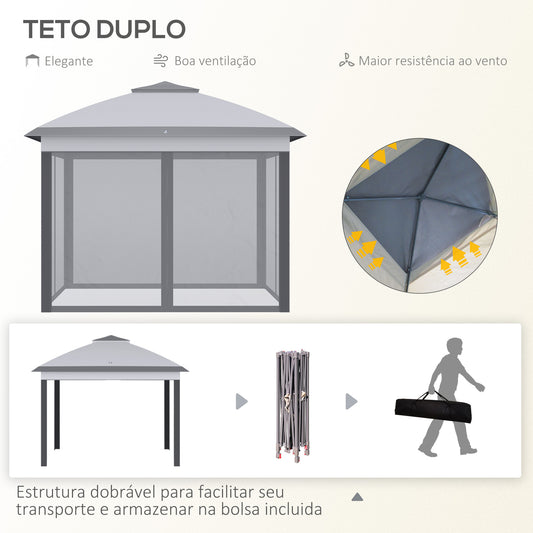 Outsunny Tenda Dobrável Exterior 3,3x3,3 m com Altura Ajustável Tenda de Jardim com Teto Duplo 4 Mosquiteiras Removíveis e Bolsa de Transporte para Acampamento Festas Cinza