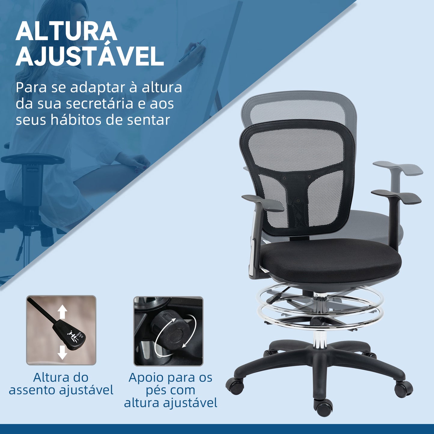 Vinsetto Cadeira de Escritório Ergonómica de Malha Cadeira de Escritório Giratória com Apoio para os Braços Apoio para os Pés e Assento Ajustáveis para Dormitório Sala de Estar 59x59x95-115cm Preto