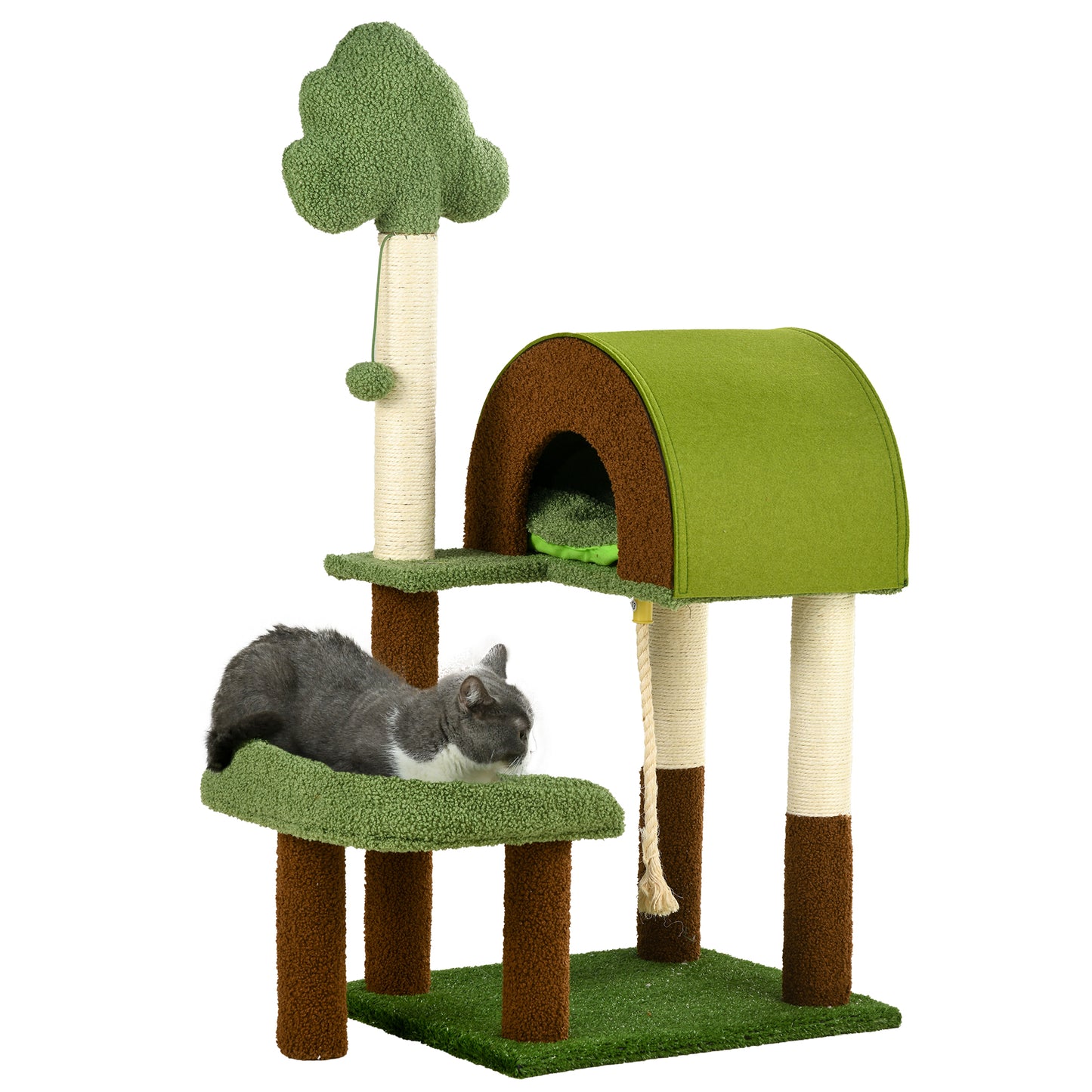 PawHut Arranhador para Gatos Médio 107 cm Torre para Gatos Centro de Atividades para Gatos com Caverna Cama Poste de Sisal Relva Artificial e Bola Suspensa 49x40x107 cm Verde