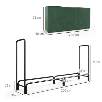 Outsunny Suporte para Lenha com Cobertura Estante para Lenha de Metal Ajustável para Interior e Exterior Carga 200 kg 200x36x99 cm Verde Escuro e Preto