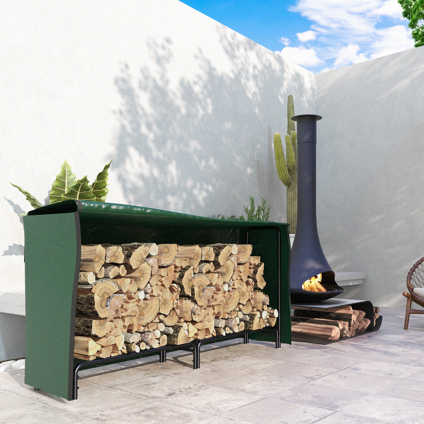 Outsunny Suporte para Lenha com Cobertura Estante para Lenha de Metal Ajustável para Interior e Exterior Carga 200 kg 200x36x99 cm Verde Escuro e Preto