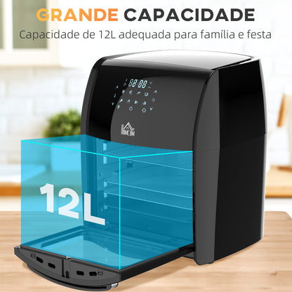 HOMCOM Fritadeira sem Óleo 3 em 1 12L Fritadeira sem Óleo 1800W Forno de Ar Desidratador com 8 Programas Função de Iluminação Ecrã Digital Janela de Visualização 35x33,5x40 cm Preto