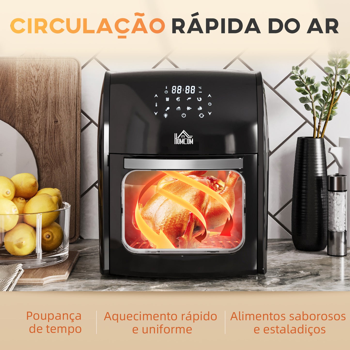 HOMCOM Fritadeira sem Óleo 3 em 1 12L Fritadeira sem Óleo 1800W Forno de Ar Desidratador com 8 Programas Função de Iluminação Ecrã Digital Janela de Visualização 35x33,5x40 cm Preto