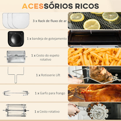 HOMCOM Fritadeira sem Óleo 3 em 1 12L Fritadeira sem Óleo 1800W Forno de Ar Desidratador com 8 Programas Função de Iluminação Ecrã Digital Janela de Visualização 35x33,5x40 cm Preto