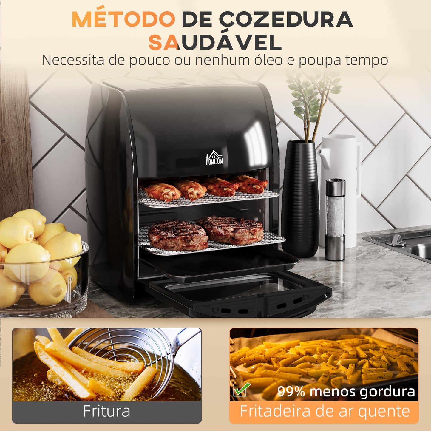 HOMCOM Fritadeira sem Óleo 3 em 1 12L Fritadeira sem Óleo 1800W Forno de Ar Desidratador com 8 Programas Função de Iluminação Ecrã Digital Janela de Visualização 35x33,5x40 cm Preto