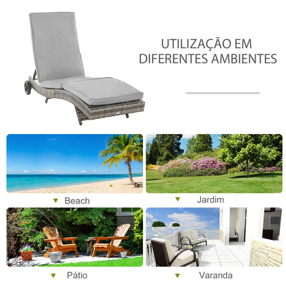 Outsunny Espreguiçadeira de Vime Reclinável Espreguiçadeira de Jardim com Forma de S com 2 Rodas Encosto Ajustável em 5 Posições e Almofada Amovível para Pátio Varanda 207x70x70 cm Cinza