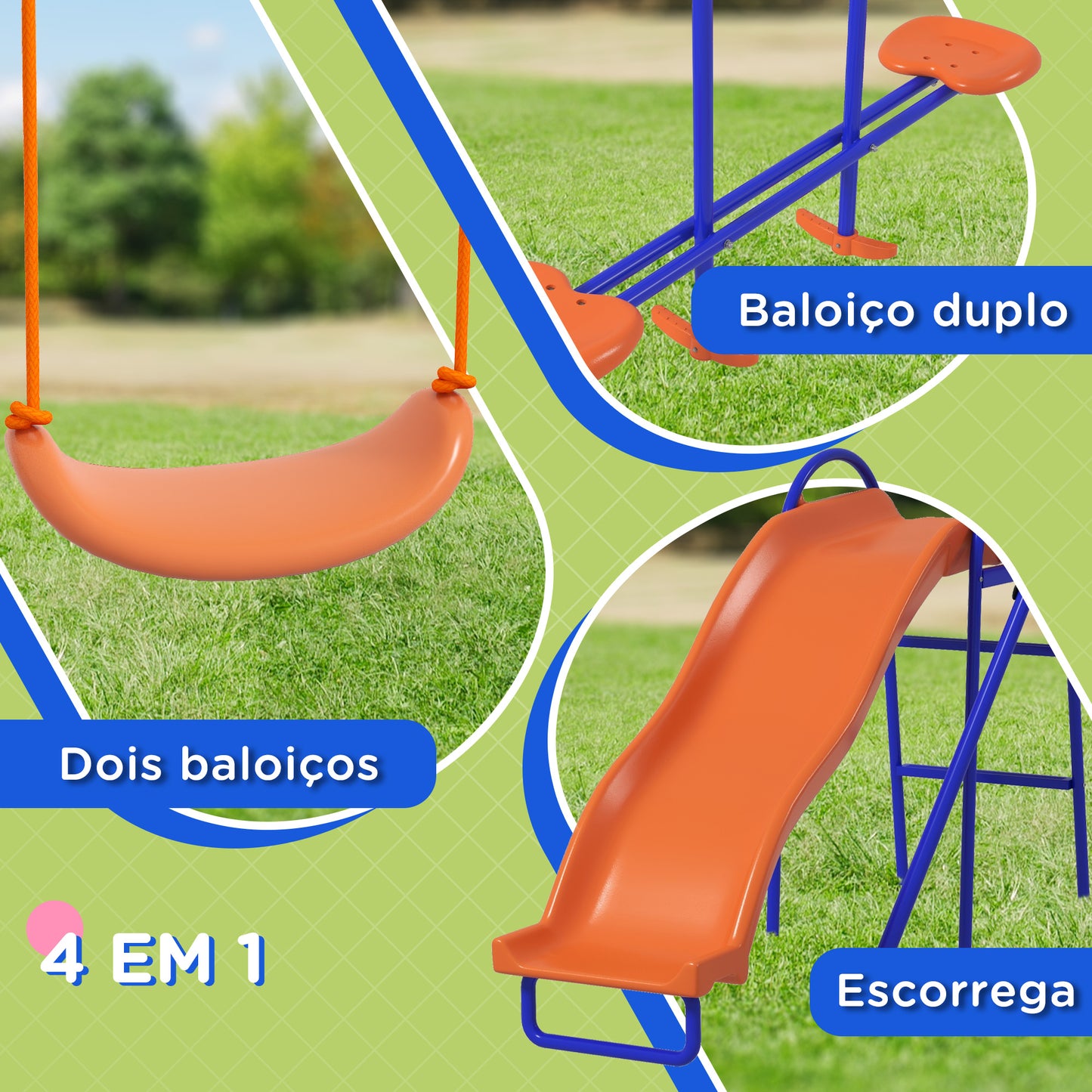 Outsunny Baloiço Infantil 4 em 1 Baloiço para Crianças com 2 Baloiços Individuais 1 Baloiço Planador 1 Escorrega Corda Ajustável e Anti UV para Exterior 367x192x180 cm Multicor