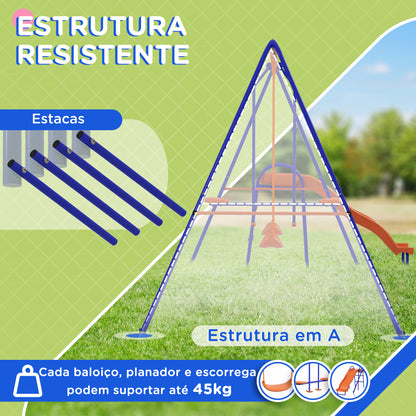 Outsunny Baloiço Infantil 4 em 1 Baloiço para Crianças com 2 Baloiços Individuais 1 Baloiço Planador 1 Escorrega Corda Ajustável e Anti UV para Exterior 367x192x180 cm Multicor