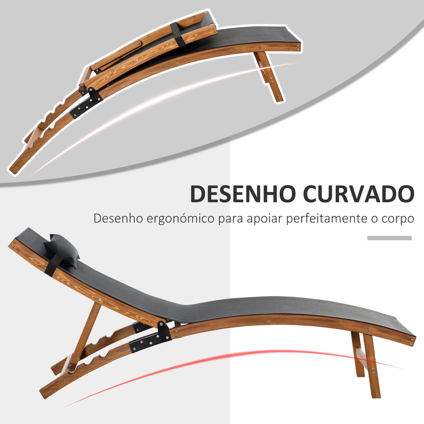 Outsunny Espreguiçadeira de Jardim com Altura do Encosto Ajustável Apoio para a Cabeça Removível e Estrutura de Madeira Ergonómica para Terraço Praia Exterior 180x56x72cm Preto