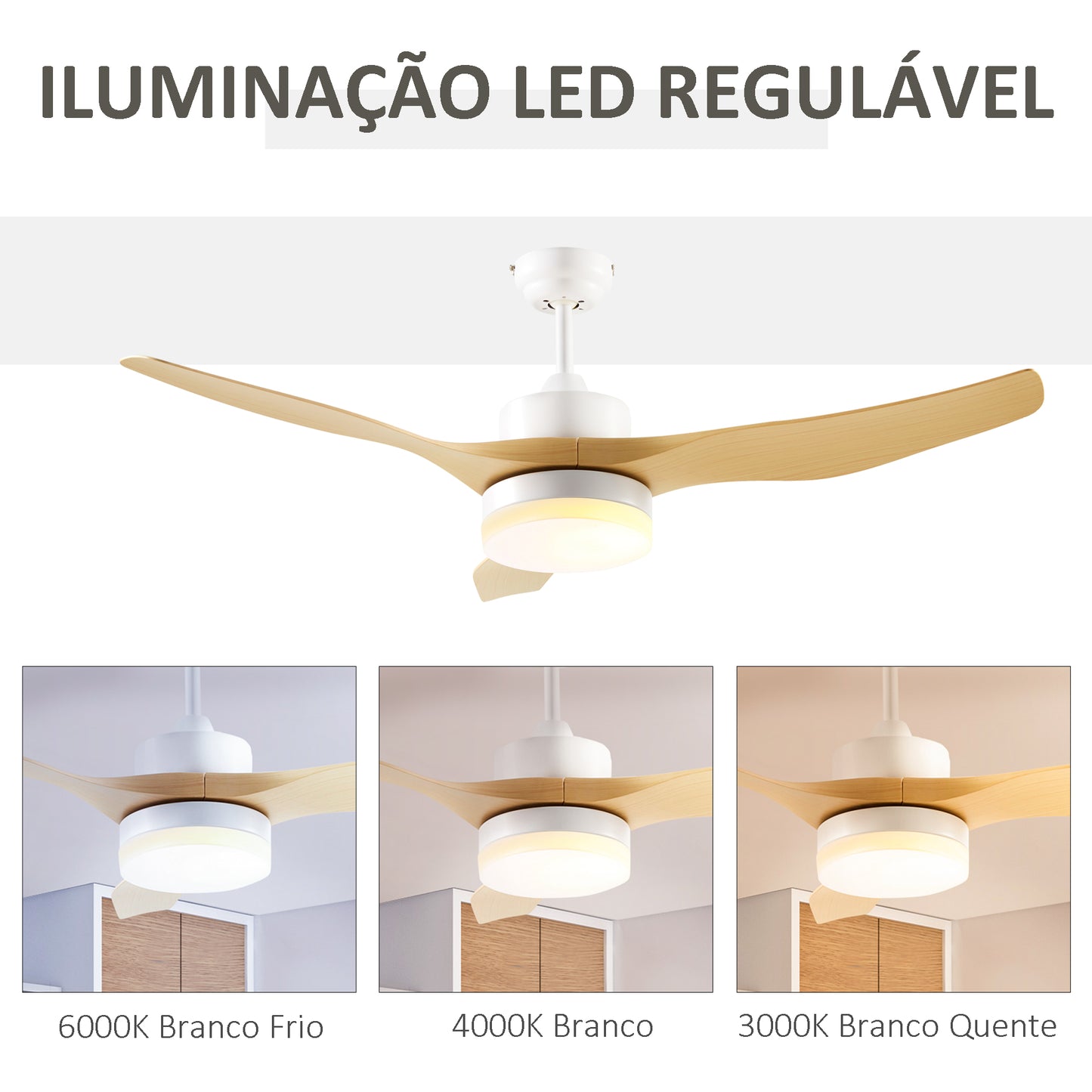 HOMCOM Ventoinha de Teto 20,5W Diâmetro 132cm com Controle Remoto Luz LED Ajustável em 3 Níveis 3 Lâminas Reversíveis 6 Velocidades e Temporizador para Dormitório Sala de Estar Madeira