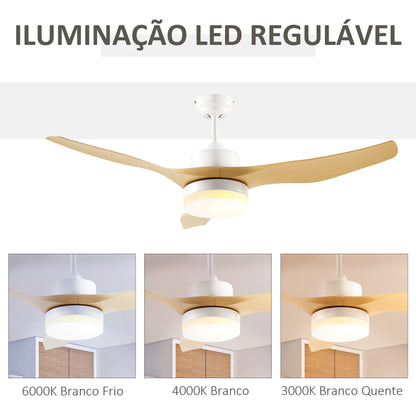 HOMCOM Ventoinha de Teto 20,5W Diâmetro 132cm com Controle Remoto Luz LED Ajustável em 3 Níveis 3 Lâminas Reversíveis 6 Velocidades e Temporizador para Dormitório Sala de Estar Madeira