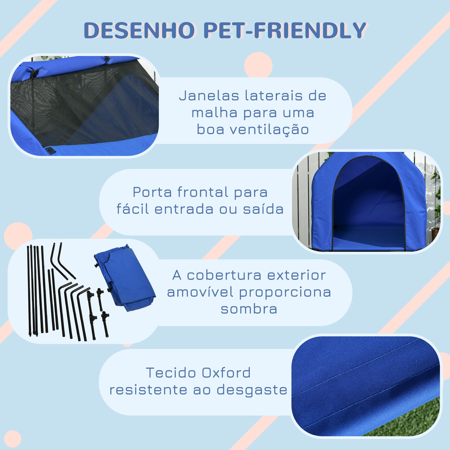 PawHut Casa para Cães 130x85x121 cm Cama Elevada para Animais de Estimação com Cobertura Desmontável e Janela de Malha para Cães Grandes e Extra Grandes Azul