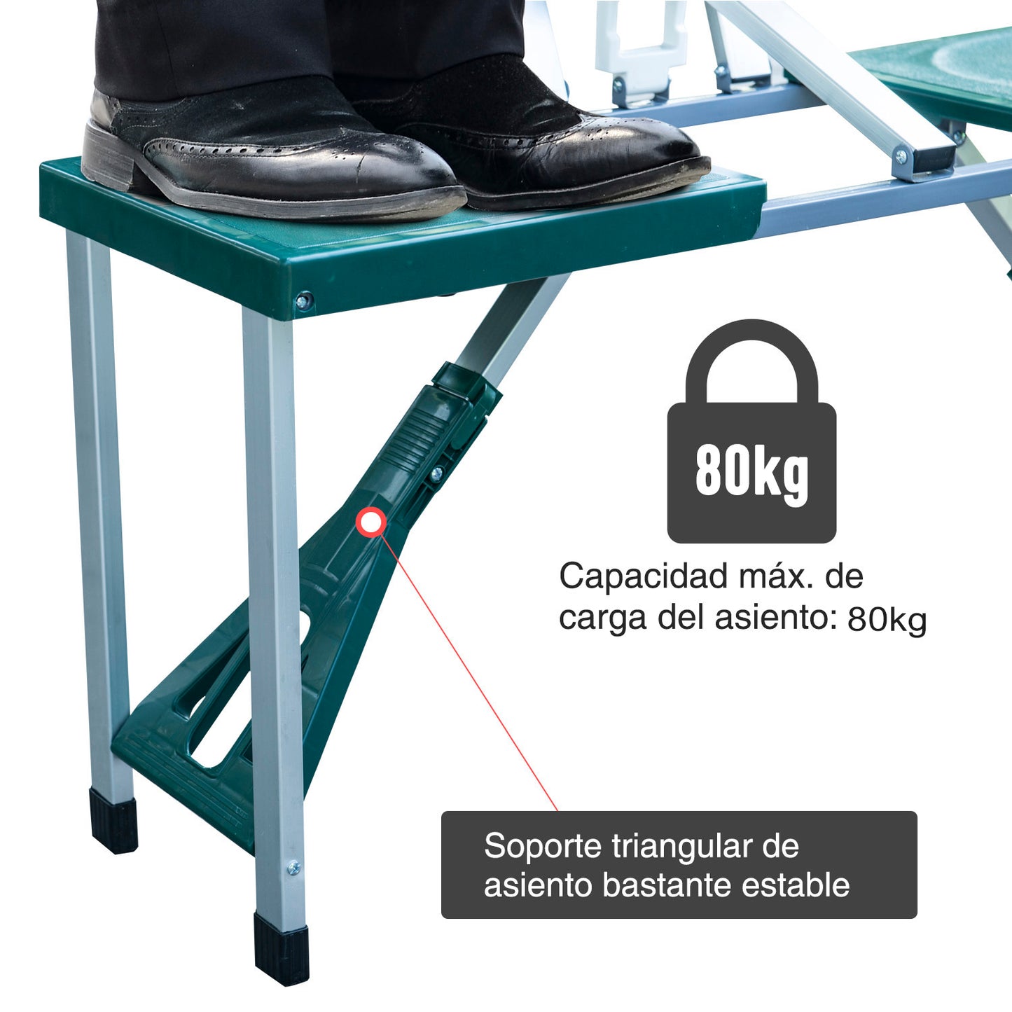 Outsunny Mesa de Acampamento Dobrável com 4 Cadeiras Conjunto para Acampamento com Orifício para Guarda Sol Estrutura de Alumínio 84,5x64,5x66cm Verde