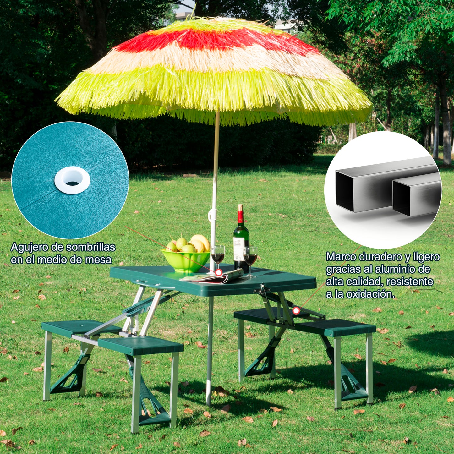 Outsunny Mesa de Acampamento Dobrável com 4 Cadeiras Conjunto para Acampamento com Orifício para Guarda Sol Estrutura de Alumínio 84,5x64,5x66cm Verde