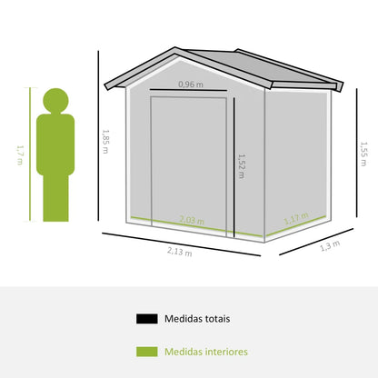 Abrigo de Jardim 213x130x185cm Abrigo de Jardim Metálico de Exterior para Armazenamento de Ferramentas com 2 Portas Deslizantes e 4 Janelas para Terraço Marrom Claro