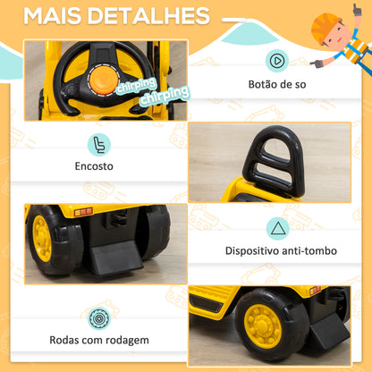 HOMCOM Carro Andador para Crianças acima de 3 Anos Escavadora Infantil com Pá Móvel Assento com Armazenamento Oculto e Buzina Carga Máxima 30kg 83x27x39cm Amarelo