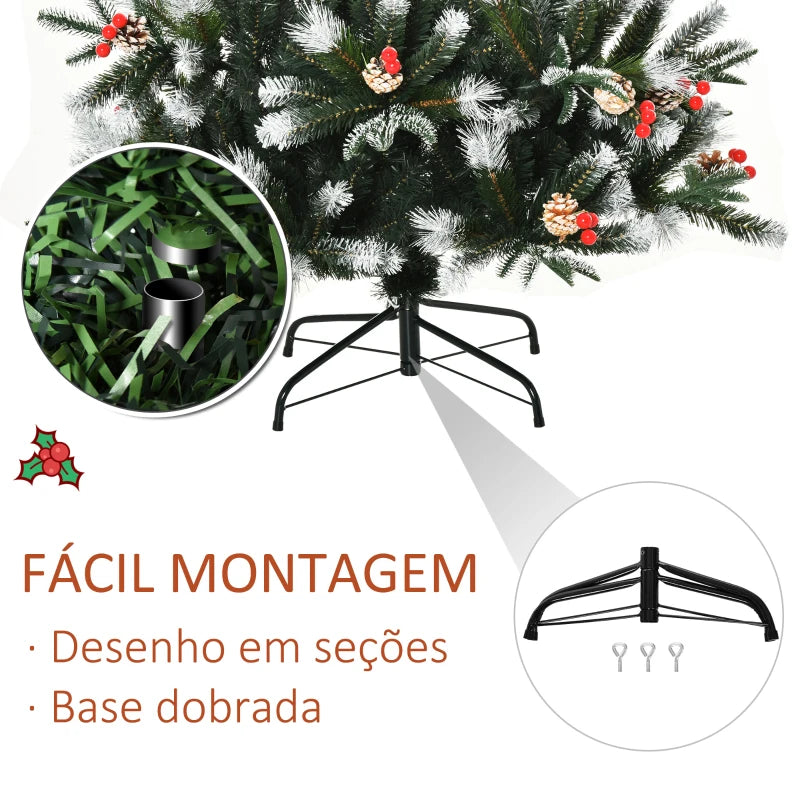 HOMCOM Árvore de Natal Artificial 180cm com 678 Ramas 53 Pinhas e 53 Frutinhas Folhas de PVC PE Base Dobrável e Suporte Metálico Decoração de Natal para Interiores Verde