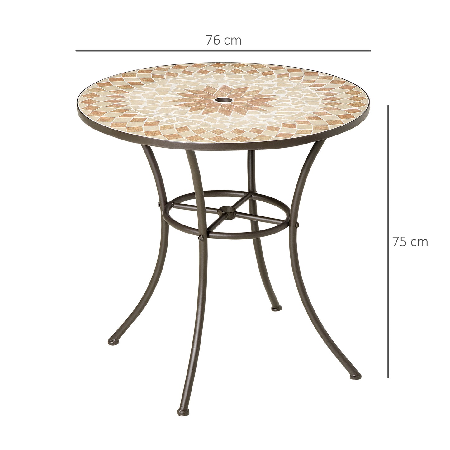 Outsunny Mesa de Jardim Redonda Mesa Auxiliar de Mosaico com Pés de Metal com Orifício para Chapéu de Sol para Pátio Terraço Ø75x75 Bege e Marrom