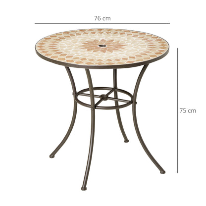 Outsunny Mesa de Jardim Redonda Mesa Auxiliar de Mosaico com Pés de Metal com Orifício para Chapéu de Sol para Pátio Terraço Ø75x75 Bege e Marrom