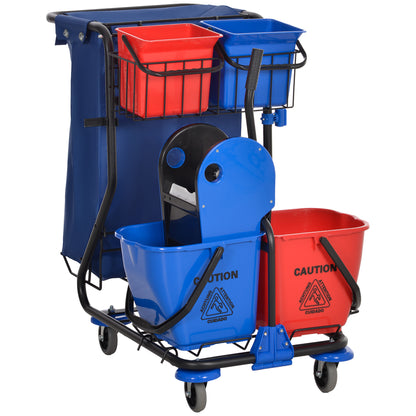 HOMCOM Carro de Limpeza Profissional com Balde Duplo Removível de 18 Litros Escorredor 2 Baldes Auxiliares e Bolsa de Lixo 93x80x97 cm Vermelho e Azul