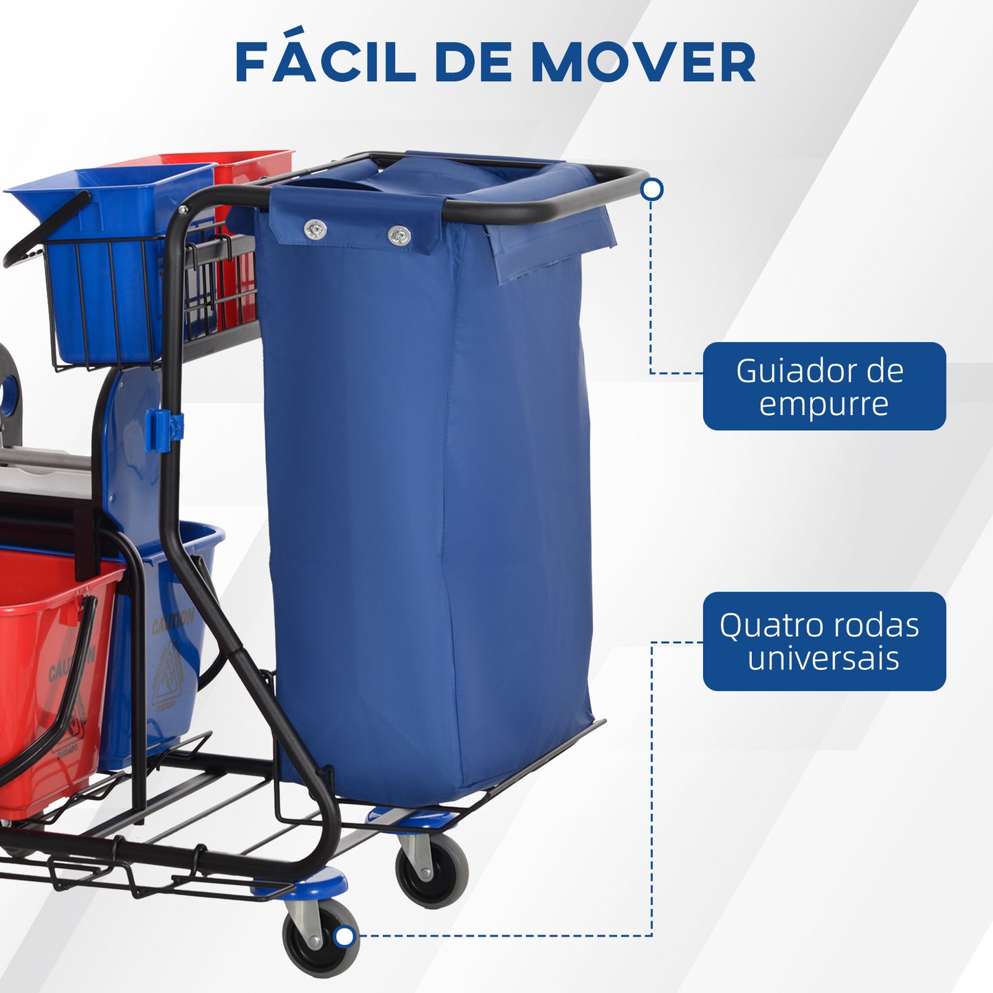 HOMCOM Carro de Limpeza Profissional com Balde Duplo Removível de 18 Litros Escorredor 2 Baldes Auxiliares e Bolsa de Lixo 93x80x97 cm Vermelho e Azul