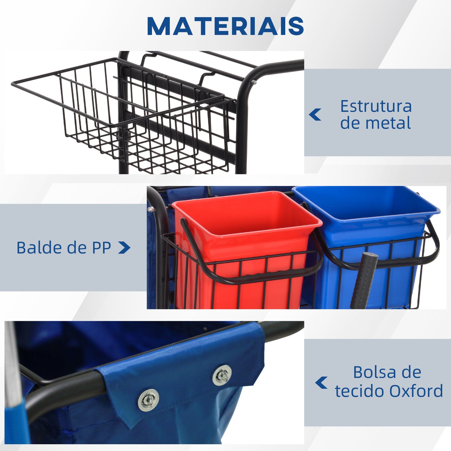 HOMCOM Carro de Limpeza Profissional com Balde Duplo Removível de 18 Litros Escorredor 2 Baldes Auxiliares e Bolsa de Lixo 93x80x97 cm Vermelho e Azul