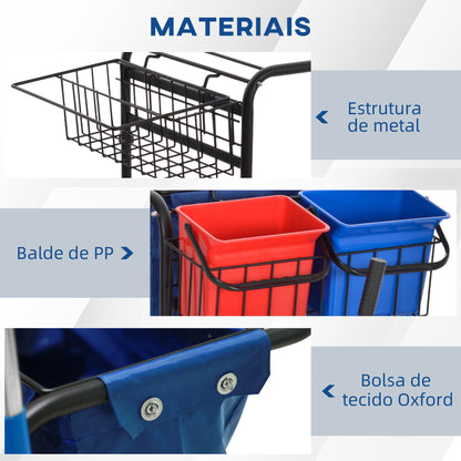 HOMCOM Carro de Limpeza Profissional com Balde Duplo Removível de 18 Litros Escorredor 2 Baldes Auxiliares e Bolsa de Lixo 93x80x97 cm Vermelho e Azul