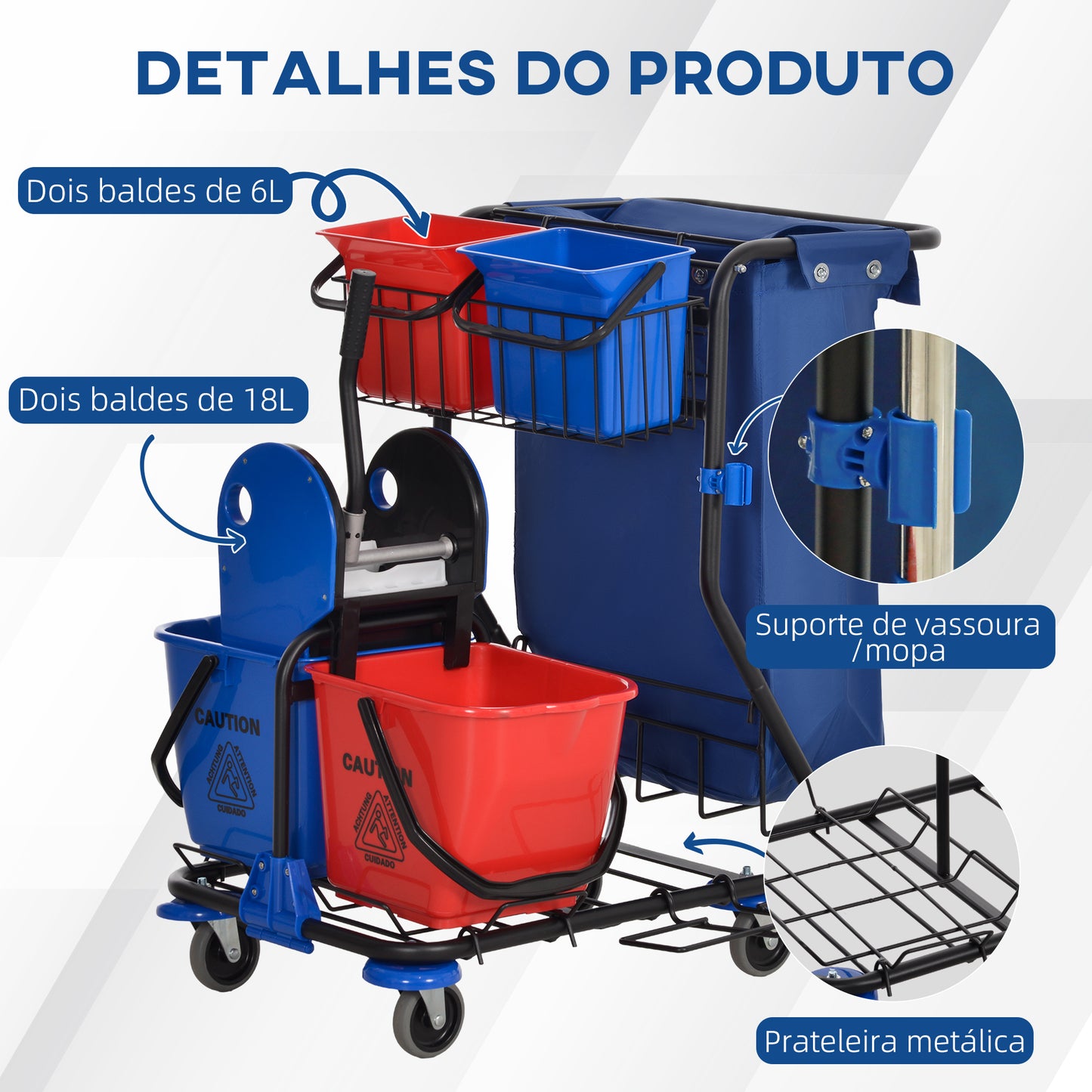 HOMCOM Carro de Limpeza Profissional com Balde Duplo Removível de 18 Litros Escorredor 2 Baldes Auxiliares e Bolsa de Lixo 93x80x97 cm Vermelho e Azul