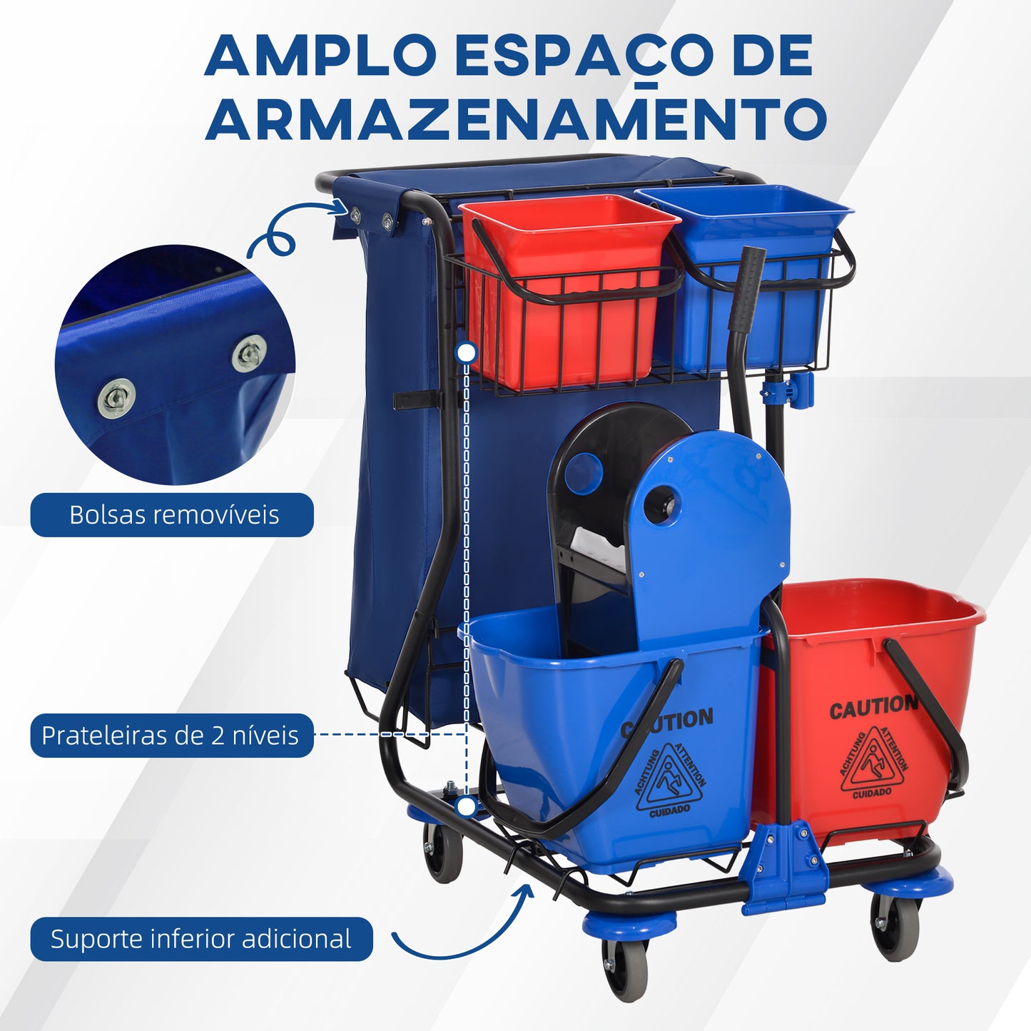 HOMCOM Carro de Limpeza Profissional com Balde Duplo Removível de 18 Litros Escorredor 2 Baldes Auxiliares e Bolsa de Lixo 93x80x97 cm Vermelho e Azul