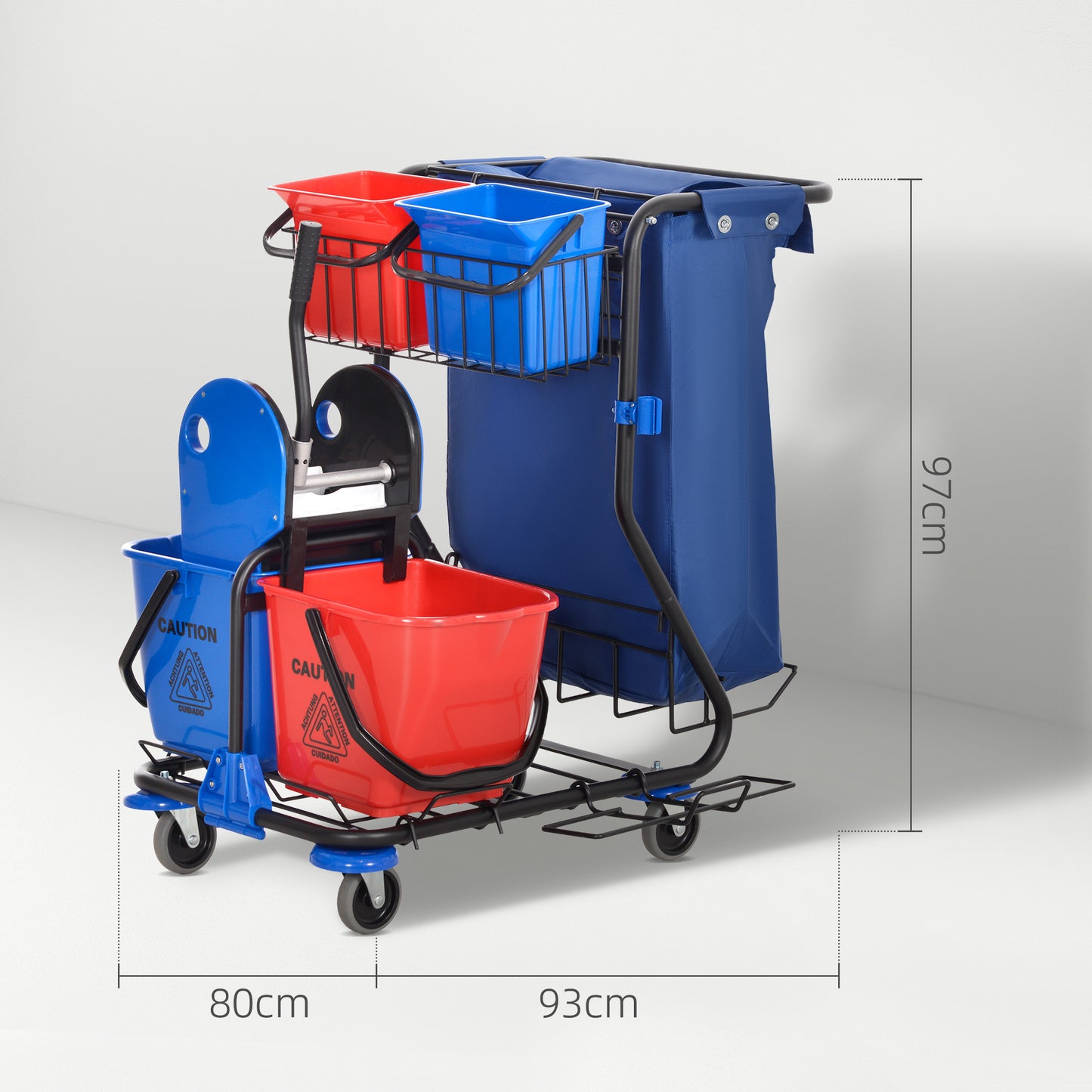 HOMCOM Carro de Limpeza Profissional com Balde Duplo Removível de 18 Litros Escorredor 2 Baldes Auxiliares e Bolsa de Lixo 93x80x97 cm Vermelho e Azul