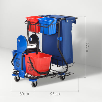 HOMCOM Carro de Limpeza Profissional com Balde Duplo Removível de 18 Litros Escorredor 2 Baldes Auxiliares e Bolsa de Lixo 93x80x97 cm Vermelho e Azul