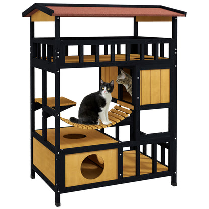 PawHut Casa para Gatos de Madeira 84x60x116 cm Abrigo para Gatos de 4 Níveis para Exterior com Ponte Suspensa Varanda e Telhado Asfáltico Natural