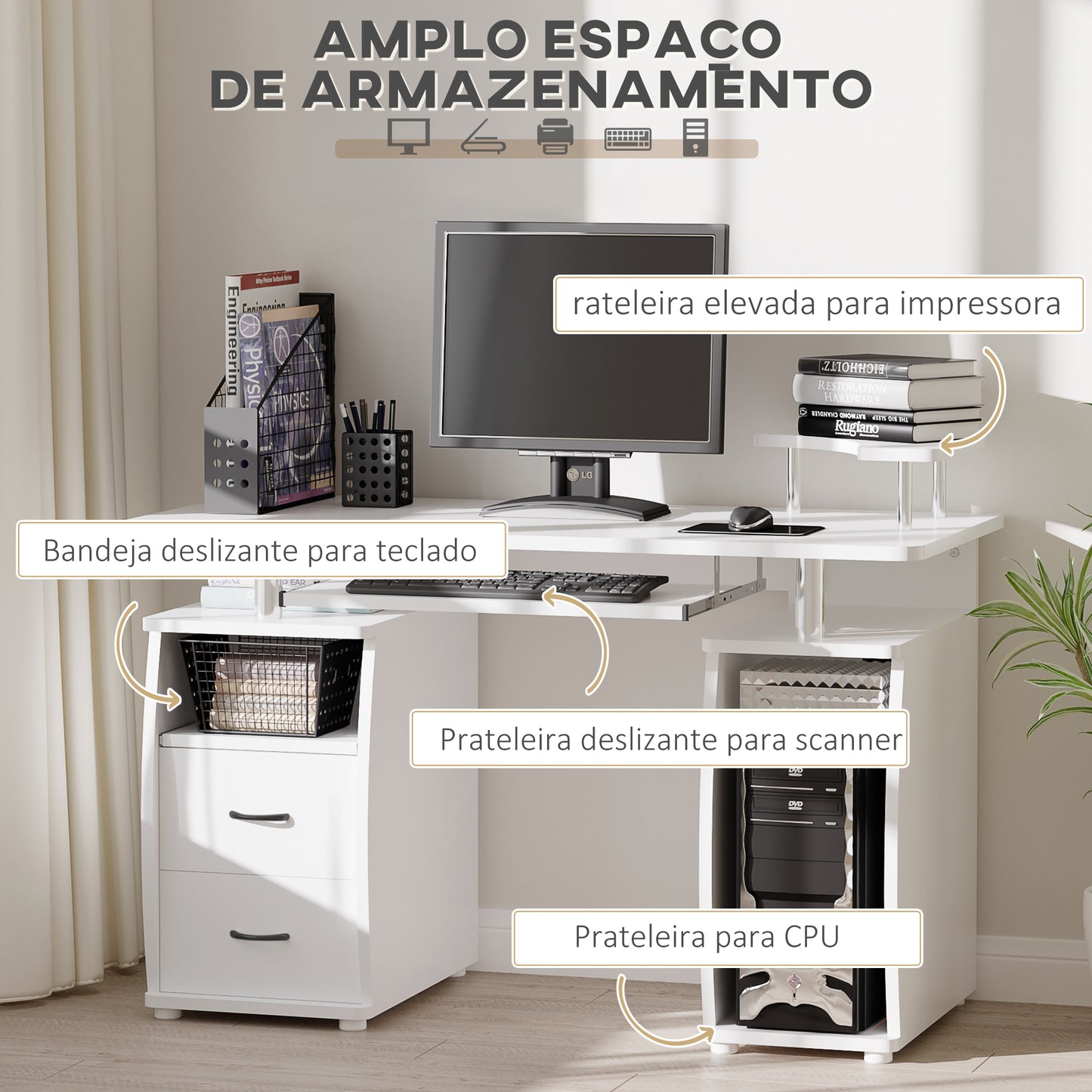 HOMCOM Mesa de Computador Mesa de Escritório com Múltiplas Prateleiras 2 Gavetas Bandeja de Teclado e Suporte para Monitor e CPU 120x55x85 cm Branco