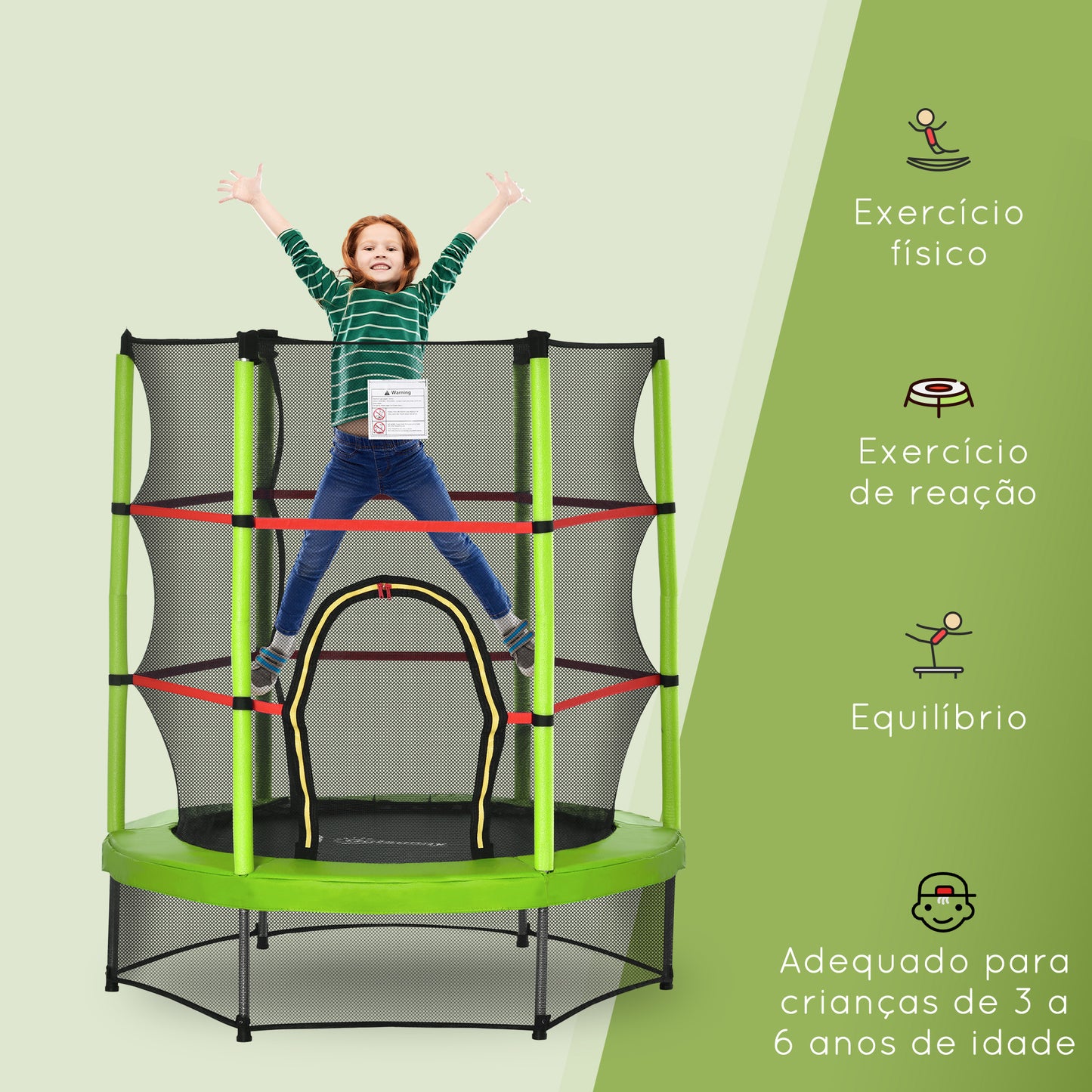 HOMCOM Trampolim Infantil Ø107 cm Trampolim para Crianças de 3-6 Anos com Rede de Segurança Carga 45 kg para Interior Ø140x160 cm Verde