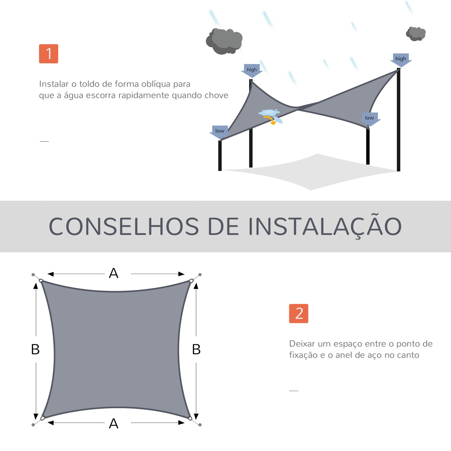 Outsunny Vela de Sombra Retangular 4x6 m Toldo Vela de HDPE com Anéis de Aço Inoxidável e Cordas para Jardim Pátio Cinza