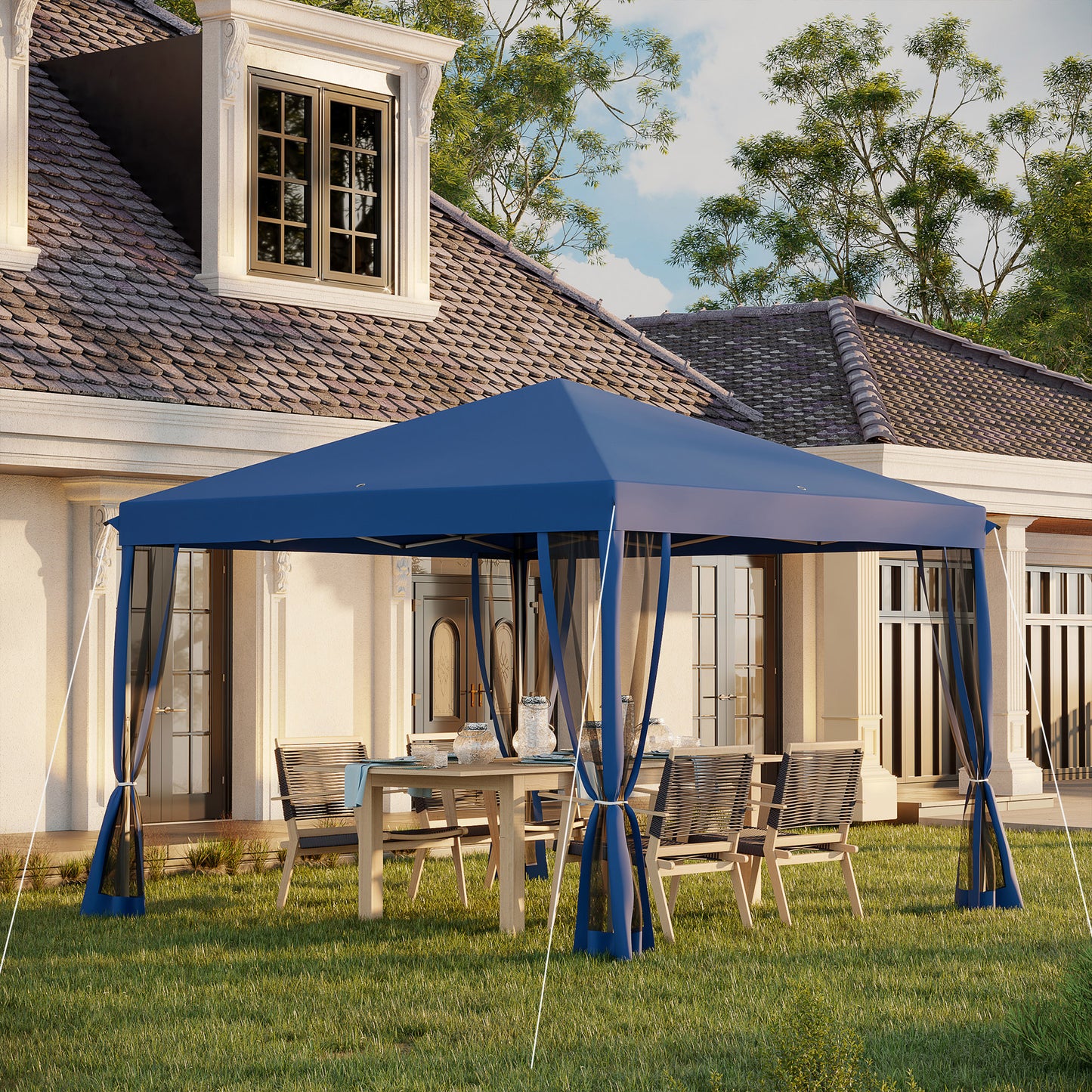 Outsunny Tenda Dobrável 295x295x260 cm Tenda de Jardim com 4 Paredes Laterais de Malha 8 Orifícios de Drenagem e Bolsa de Transporte para Jardim Pátio Festas Azul