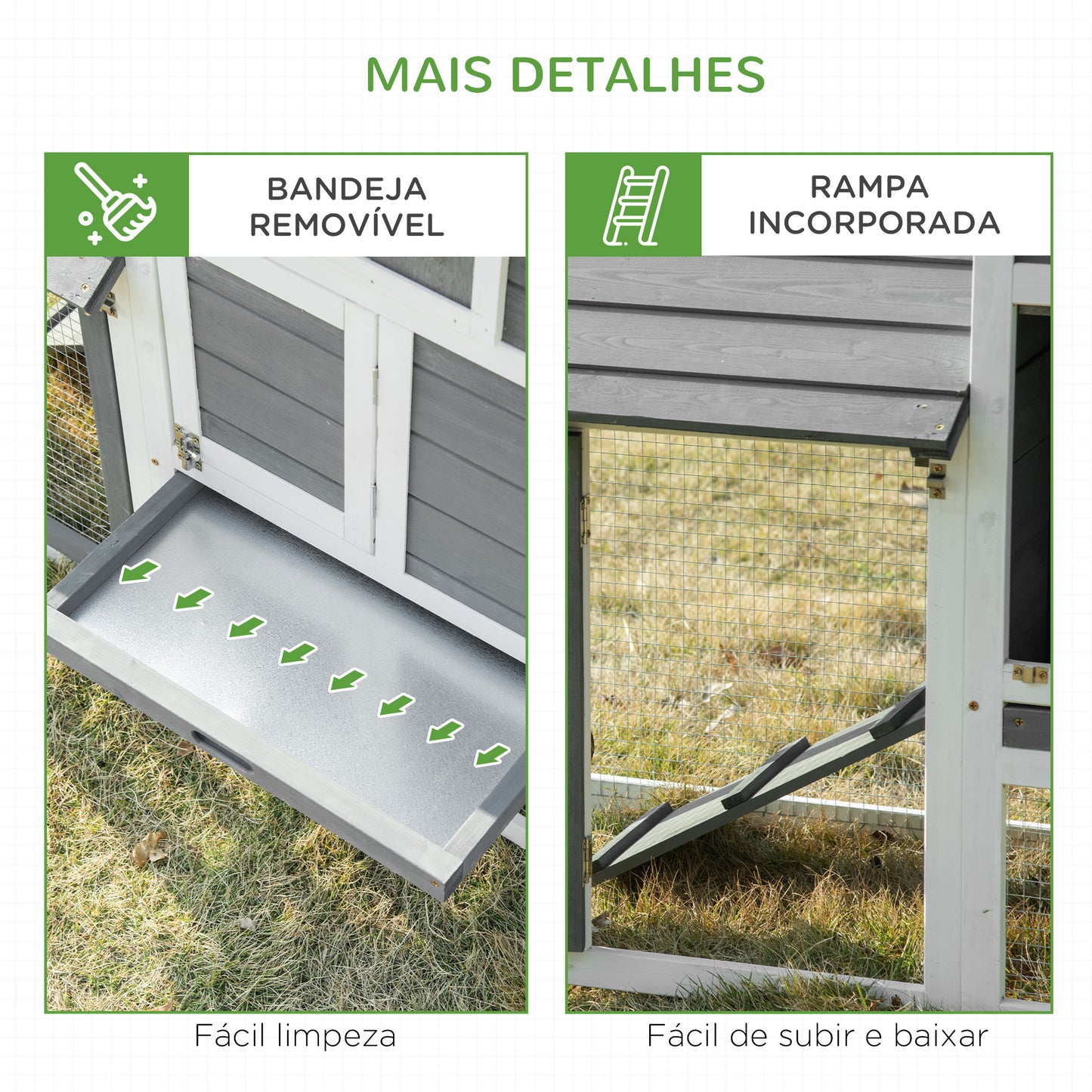 PawHut Galinheiro de Madeira para Exterior Gaiola para 2-3 Galinhas com Cercado de Arame Teto Abatível Caixa Ninho Bandeja Removível e Rampa 150,5x54x87cm Cinza e Branco