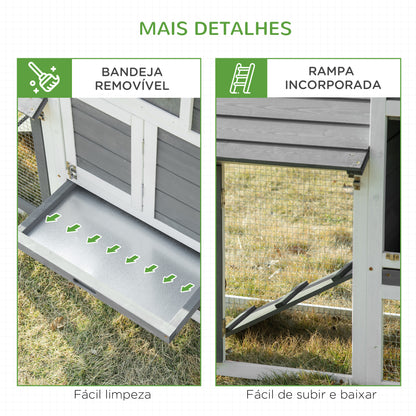 PawHut Galinheiro de Madeira para Exterior Gaiola para 2-3 Galinhas com Cercado de Arame Teto Abatível Caixa Ninho Bandeja Removível e Rampa 150,5x54x87cm Cinza e Branco