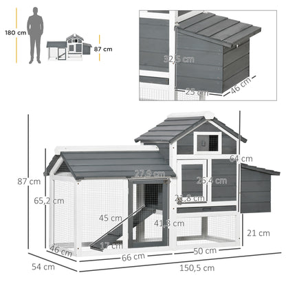 PawHut Galinheiro de Madeira para Exterior Gaiola para 2-3 Galinhas com Cercado de Arame Teto Abatível Caixa Ninho Bandeja Removível e Rampa 150,5x54x87cm Cinza e Branco