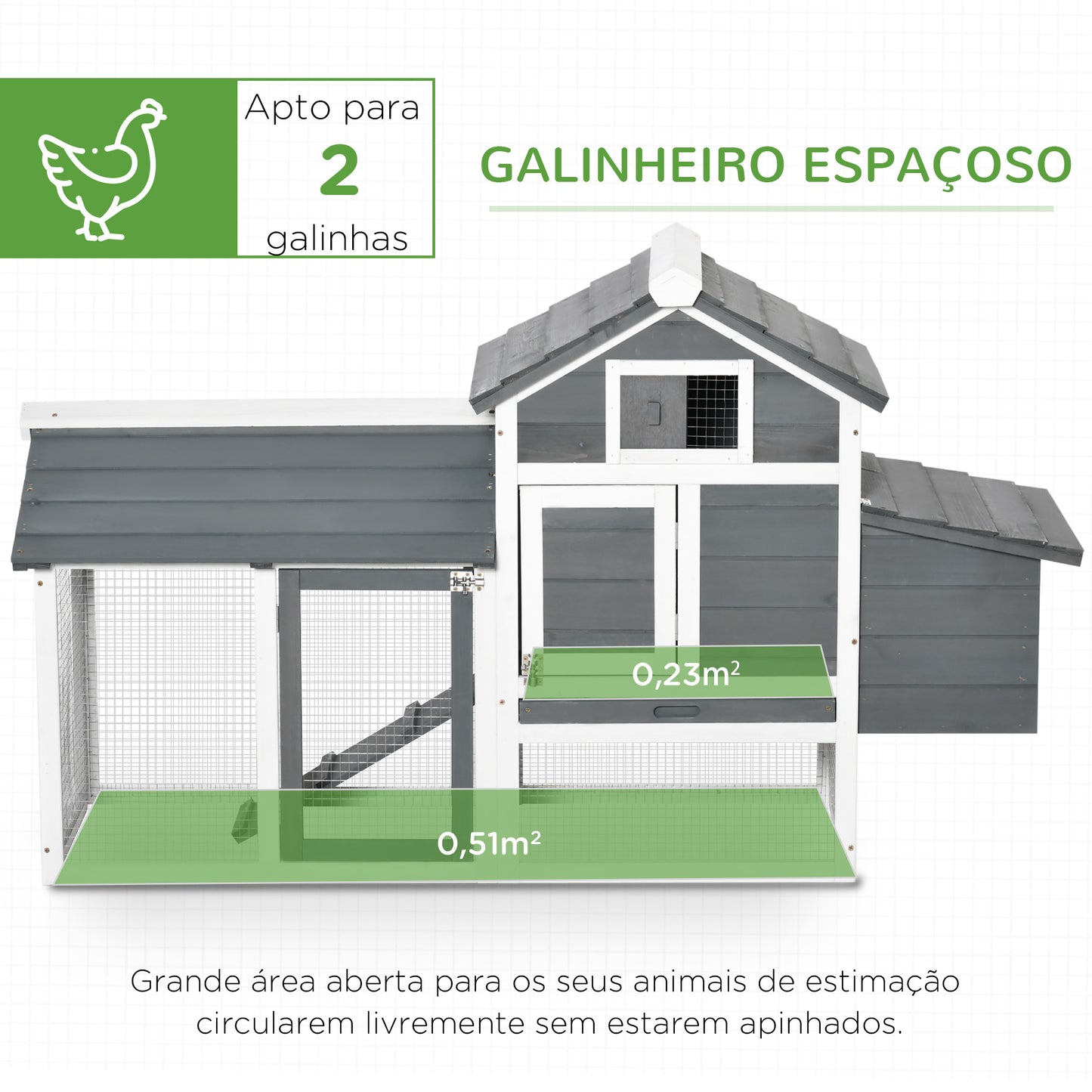 PawHut Galinheiro de Madeira para Exterior Gaiola para 2-3 Galinhas com Cercado de Arame Teto Abatível Caixa Ninho Bandeja Removível e Rampa 150,5x54x87cm Cinza e Branco