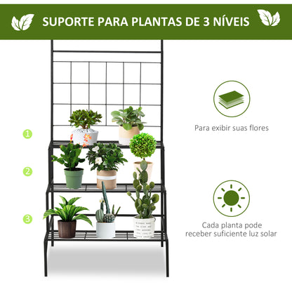 Outsunny Suporte para Plantas com Treliça de Metal Suporte para Vasos Plantas Trepadeiras com 3 Prateleiras para Terraço Balcão Jardim Exterior e Interior 60x53,5x159,5cm Preto