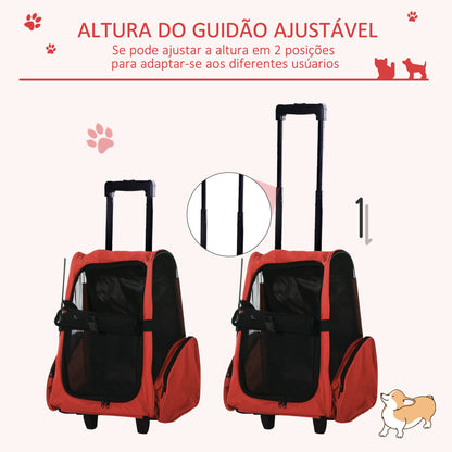 PawHut Transportadora 2 em 1 para Animais de Estimação Mochila ou Carrinho de Viagem para Cães e Gatos com 2 Rodas Alça Retrátil de Alumínio e Bolso de Armazenamento 42x25x55cm Vermelho