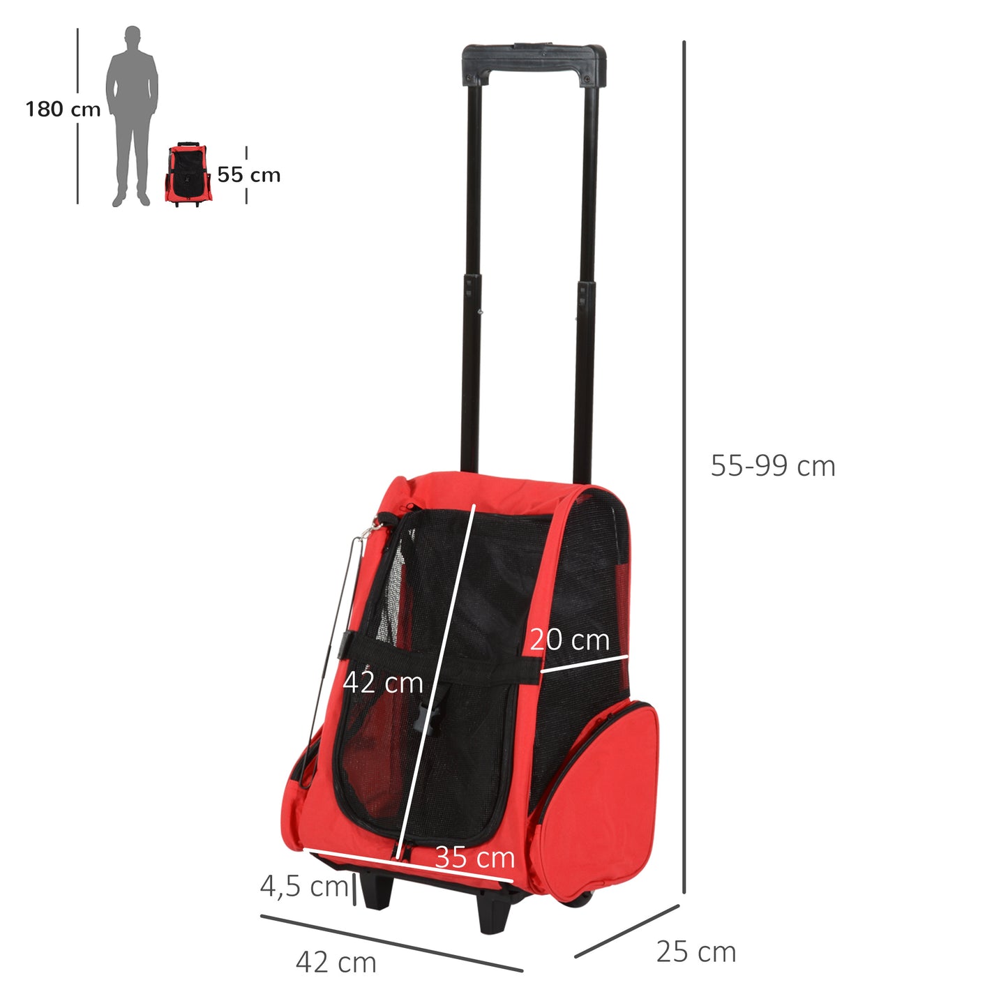 PawHut Transportadora 2 em 1 para Animais de Estimação Mochila ou Carrinho de Viagem para Cães e Gatos com 2 Rodas Alça Retrátil de Alumínio e Bolso de Armazenamento 42x25x55cm Vermelho